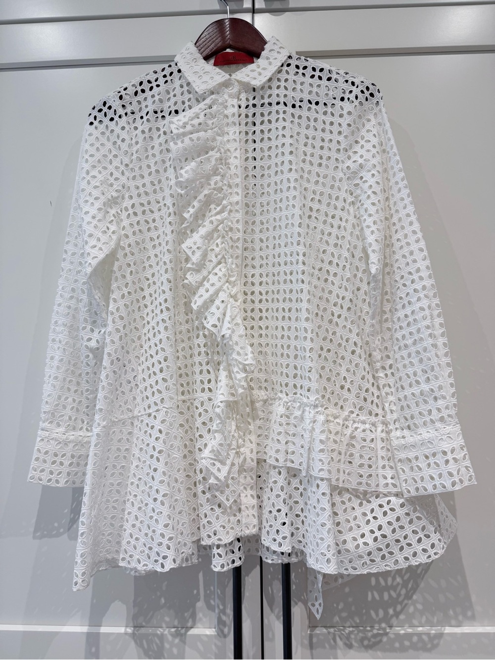 CH Carolina Herrera White Eyelet Ruffle Button-Front Blouse
